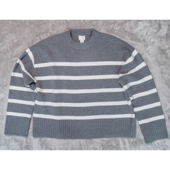 H&M Loose Fit Heather Gray Ivory Striped Crewneck Sweater Womens Size L - Picture 1 of 10